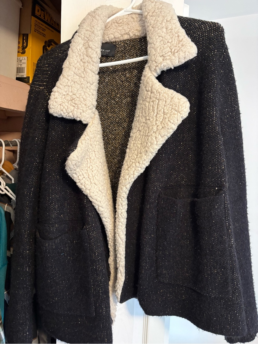 Zara Black Knit Jacket with Cream Sherpa Collar